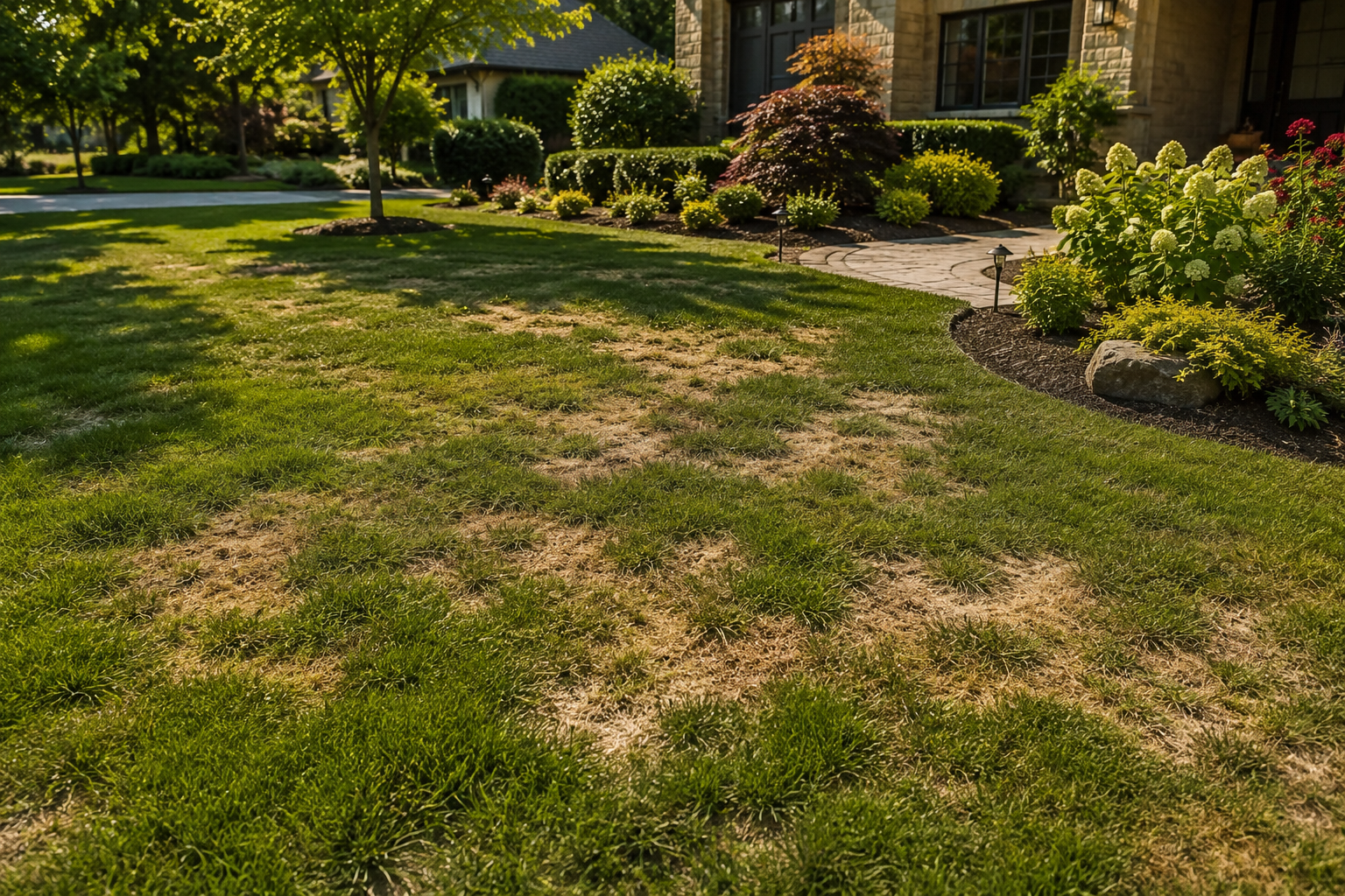 Patchy lawn and stressed landscaping on residential property