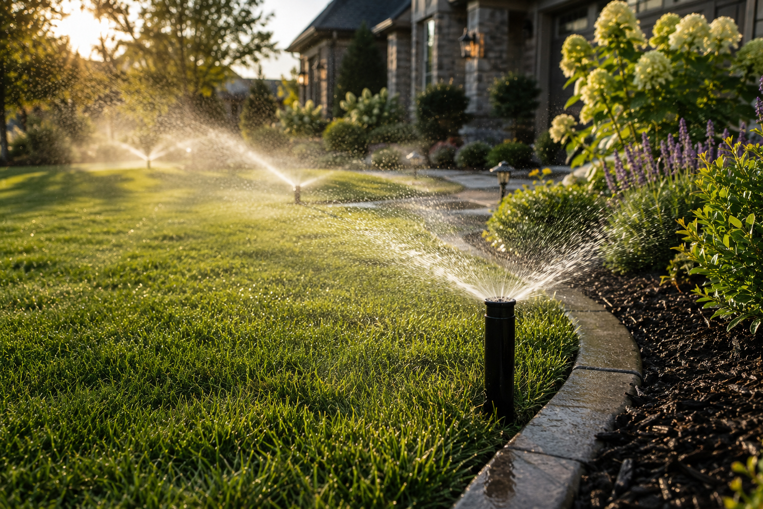 Active sprinkler coverage across lawn and landscaping