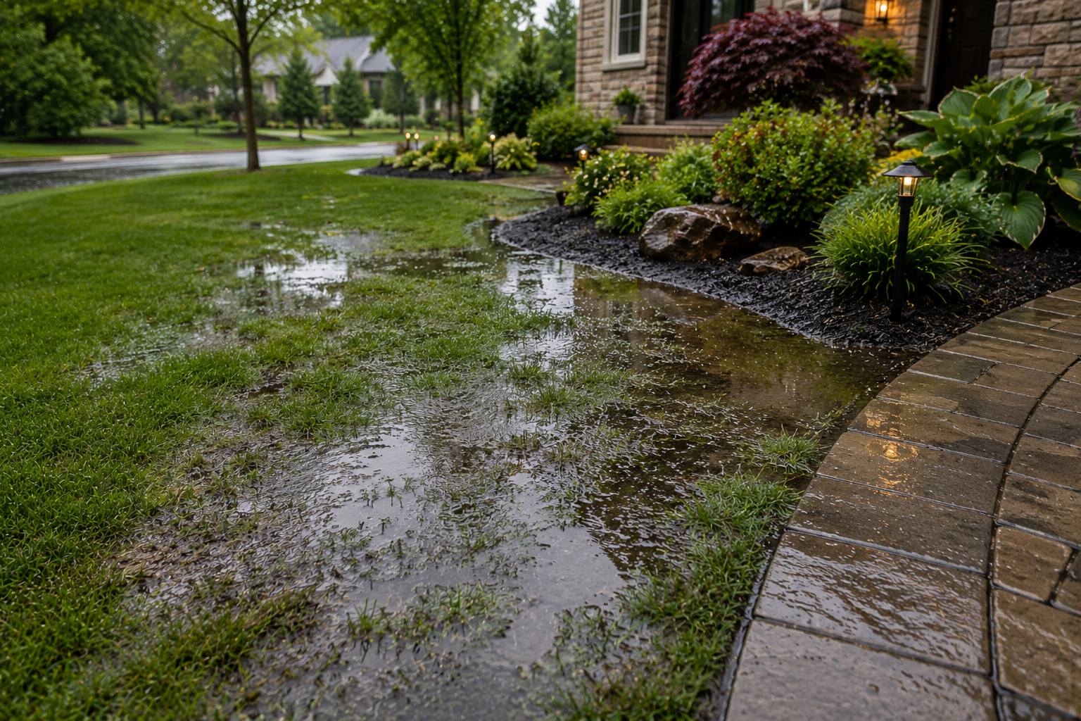 Muddy lawn with standing water and poor drainage