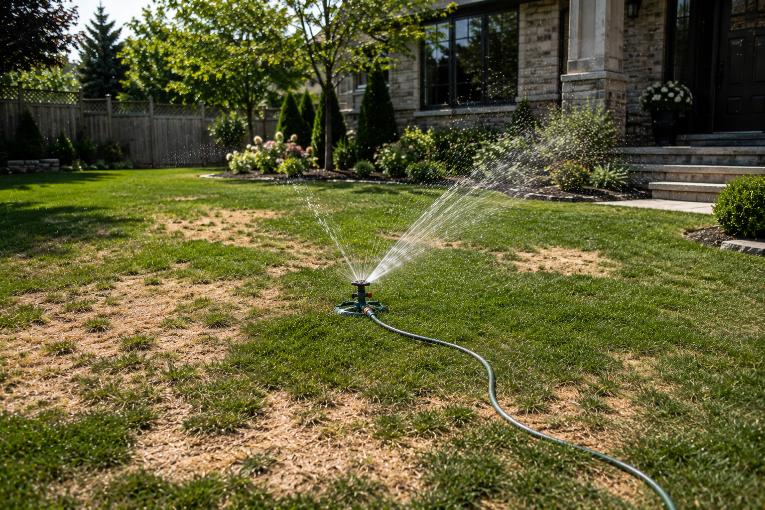 Irrigation system coverage across property lawn and beds