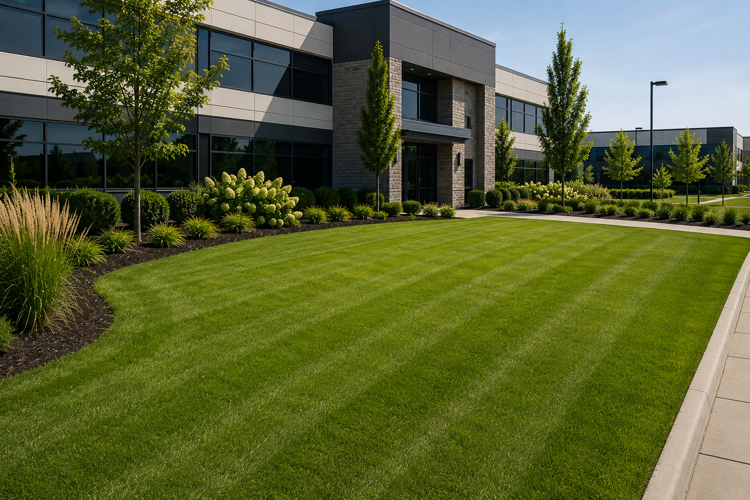Commercial property exterior — professionally maintained grounds and entrance