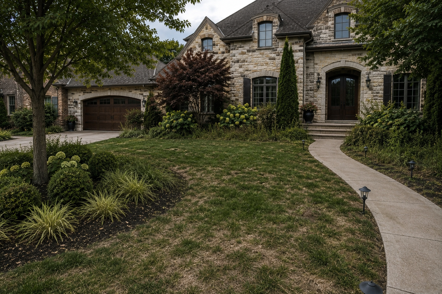 Before — dry patchy brown lawn with dead grass