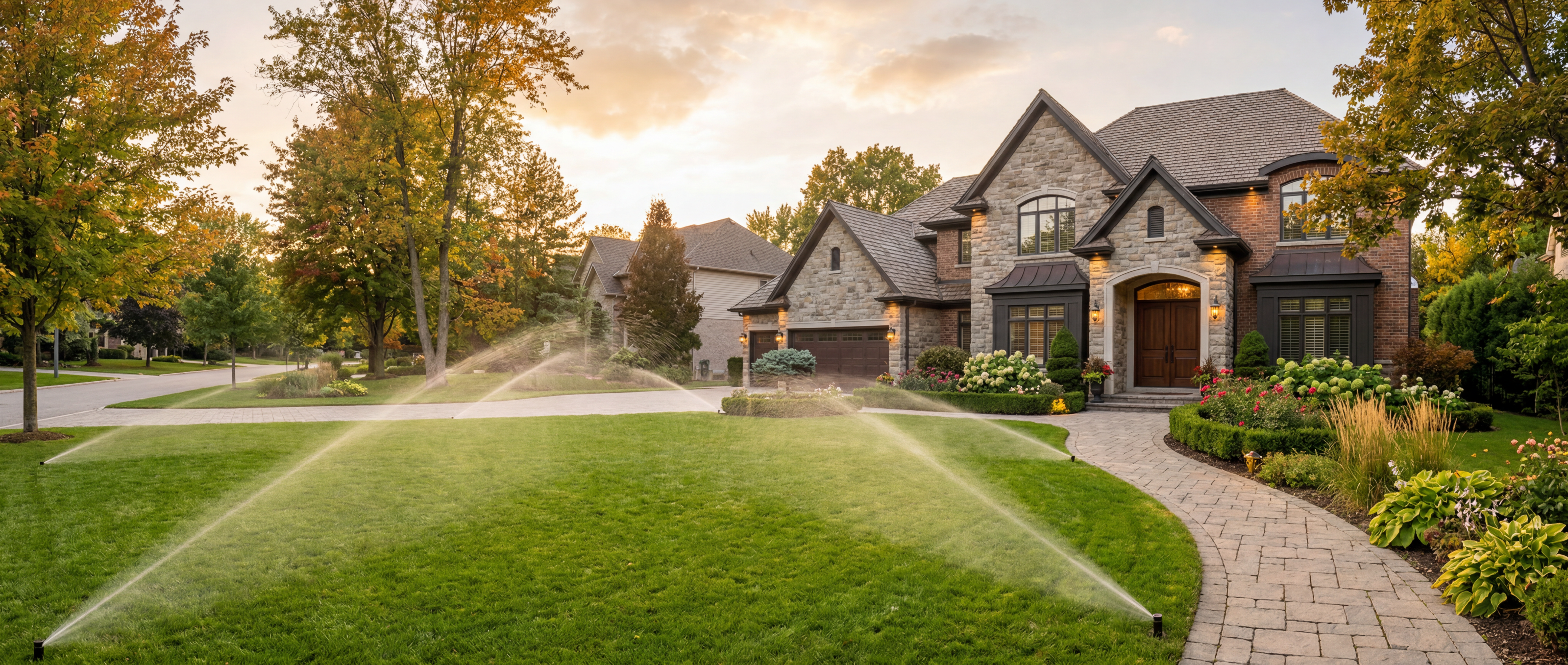 Luxury estate home with active lawn sprinklers and premium landscaping